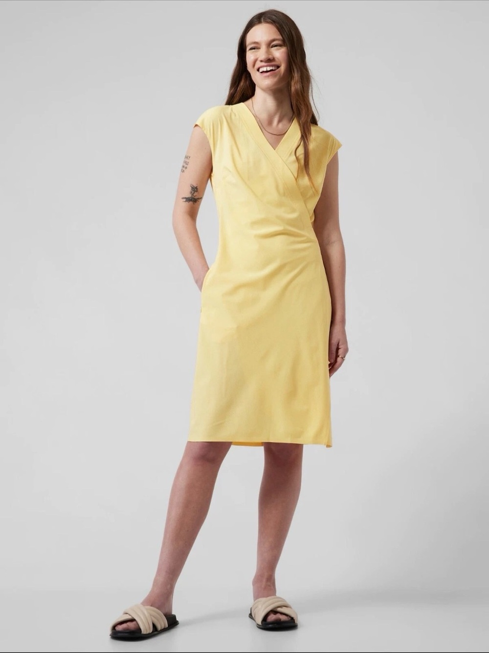 Athleta Yellow V-Neck Cap Sleeve Midi Dress